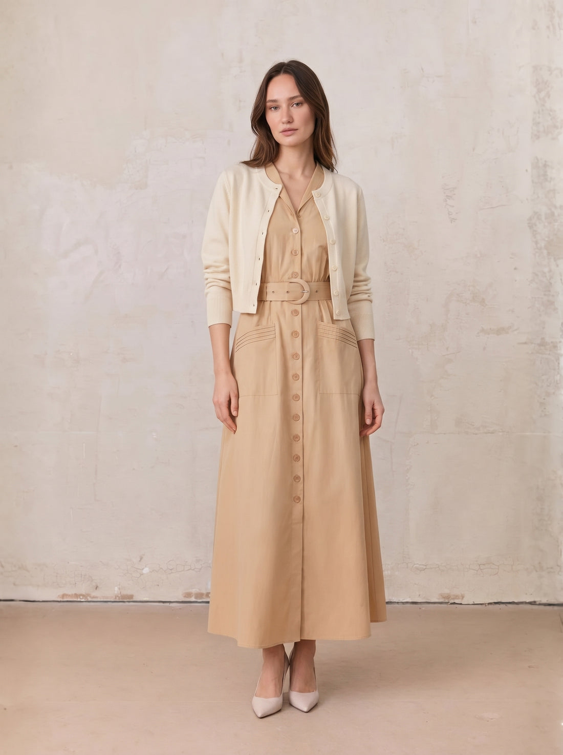 Button Down Belted Jumper-Sand
