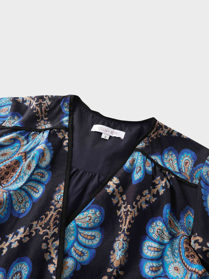 Flutter Sleeve Wrap Dress-Blue Medallion