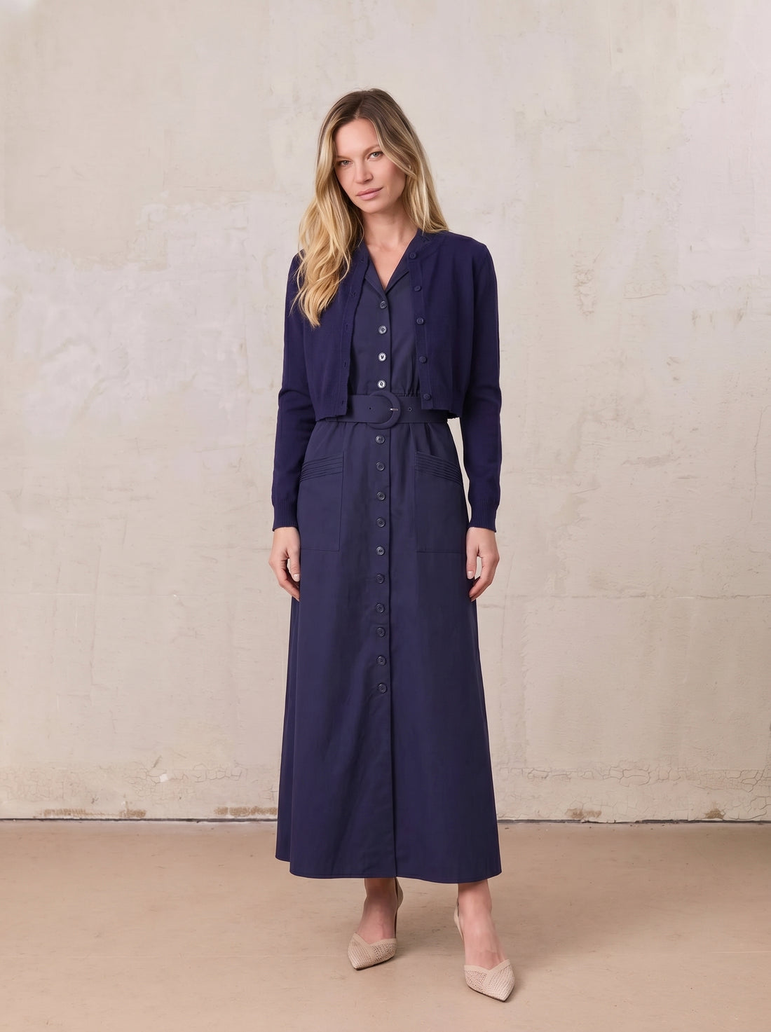 Button Down Belted Jumper-Navy