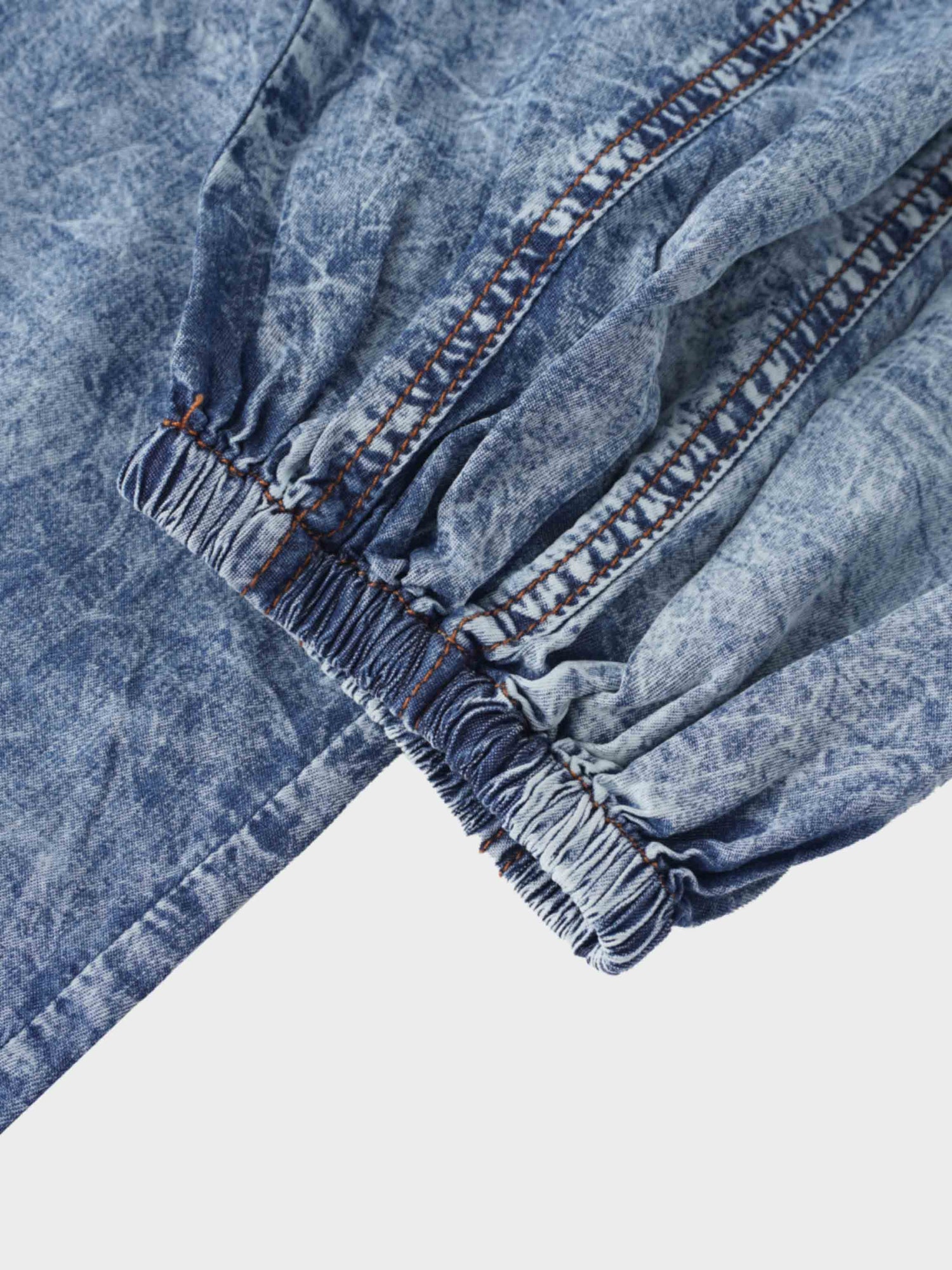 Puff Sleeve Washed Denim Blouse-Blue