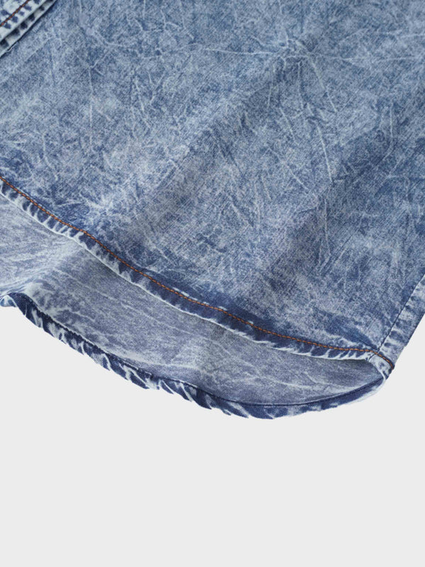 Puff Sleeve Washed Denim Blouse-Blue