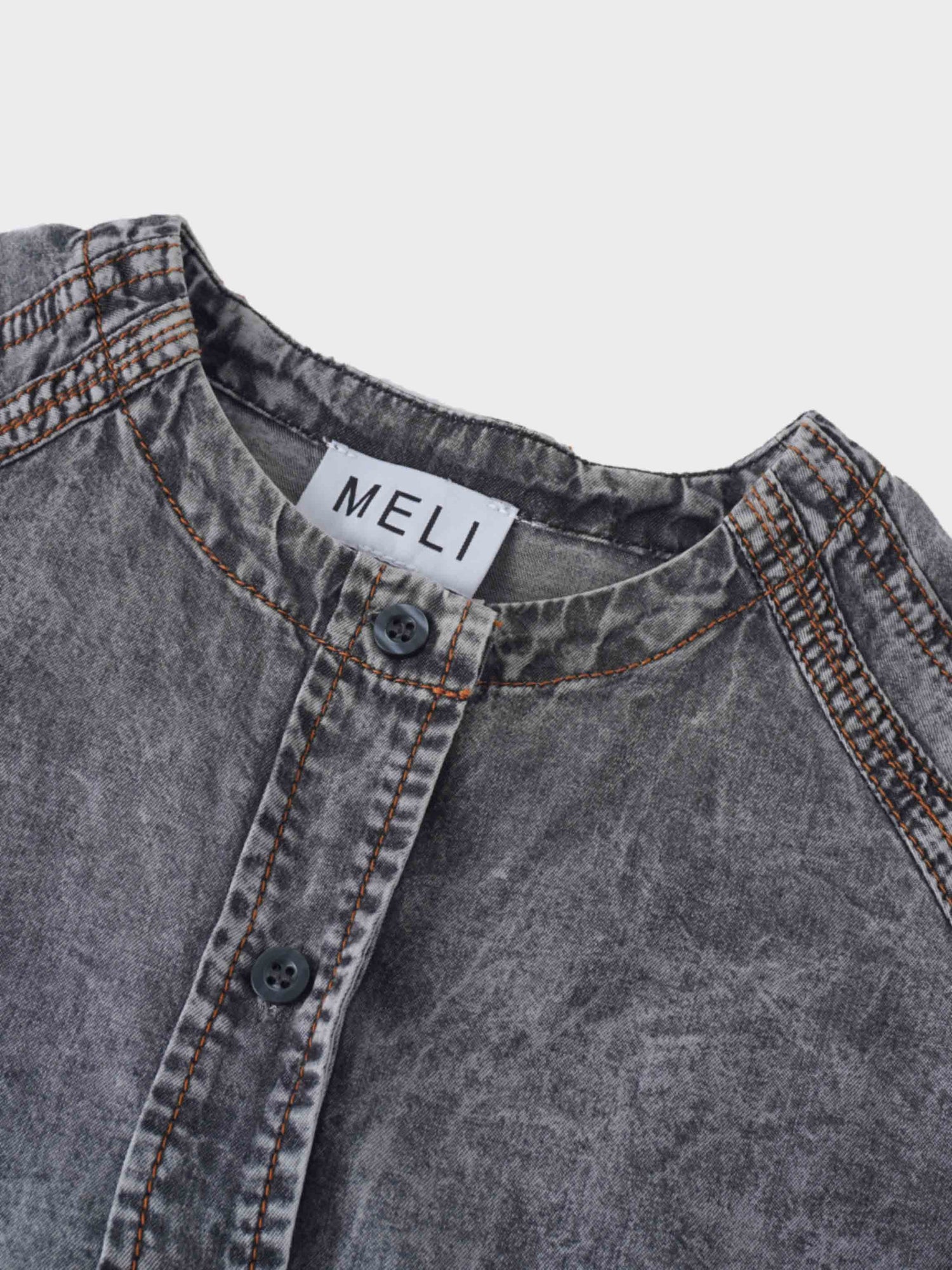 Puff Sleeve Washed Denim Blouse-Black