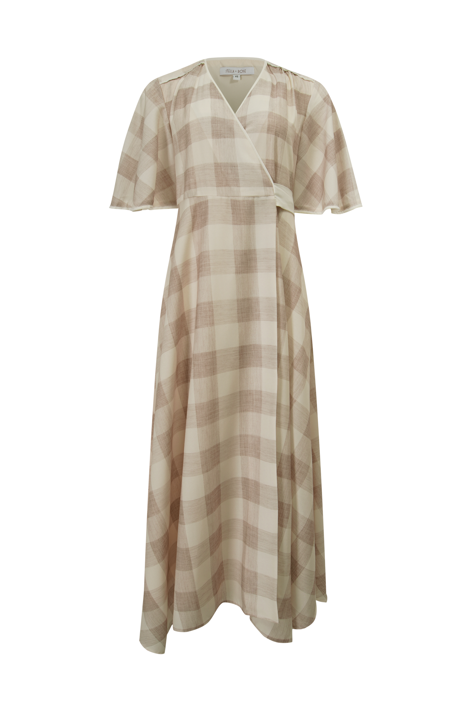 Flutter Sleeve Wrap Dress-Tan Gingham