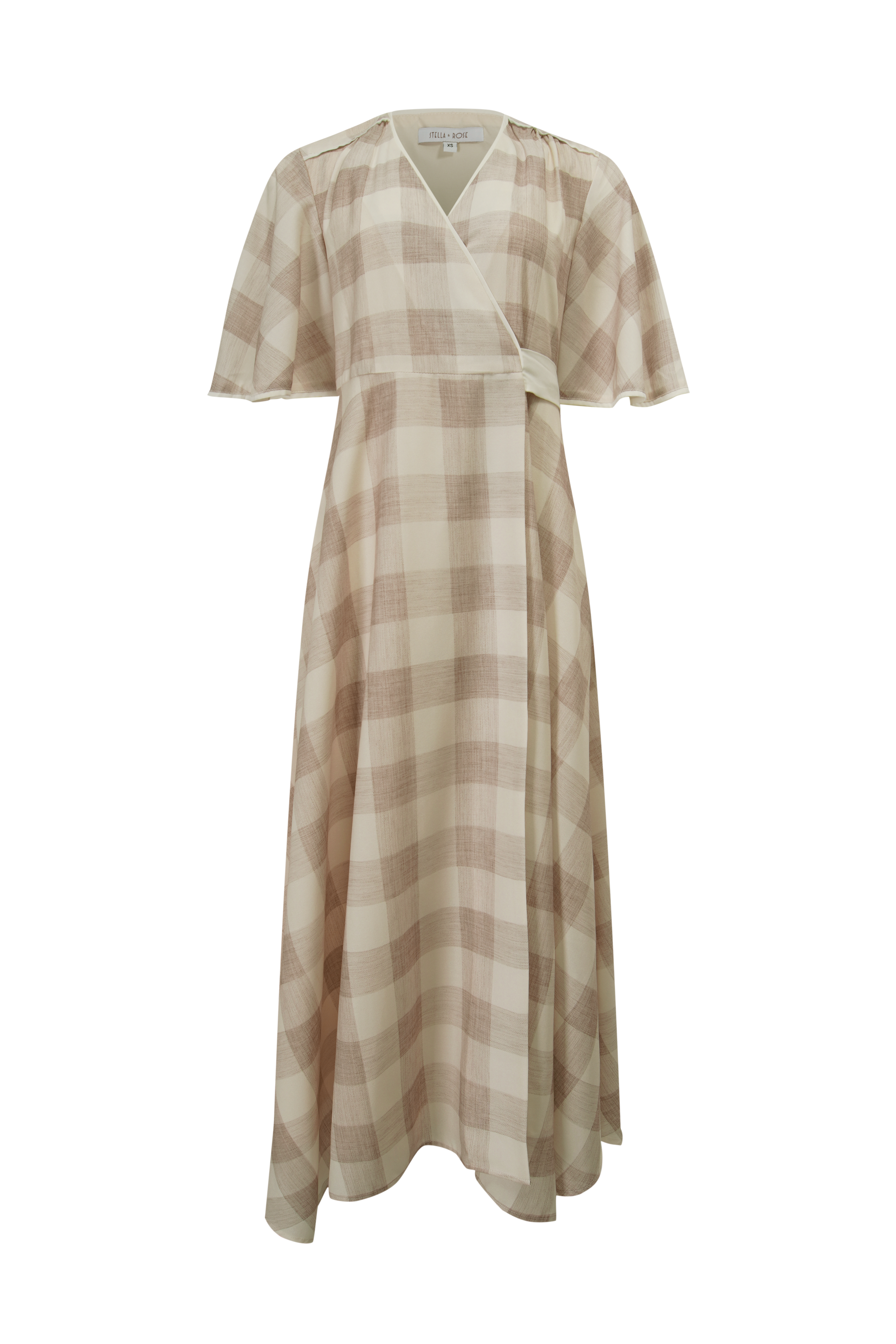 Flutter Sleeve Wrap Dress-Tan Gingham