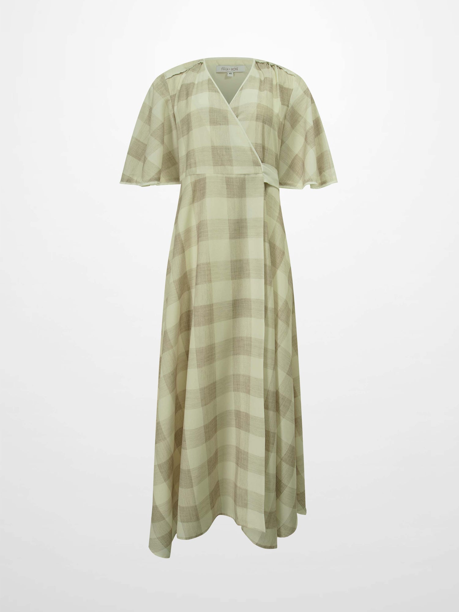 Flutter Sleeve Wrap Dress-Tan Gingham