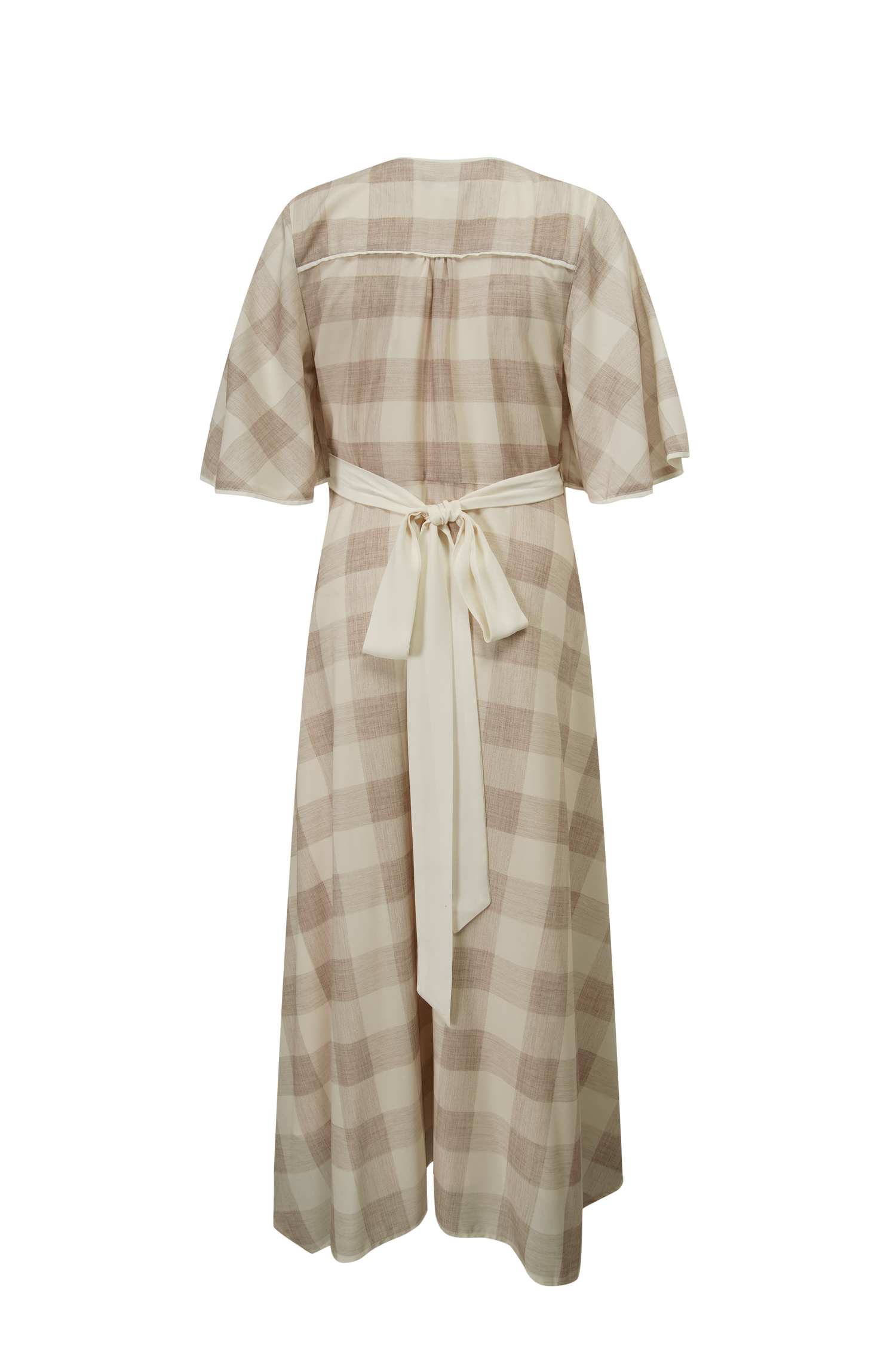 Flutter Sleeve Wrap Dress-Tan Gingham