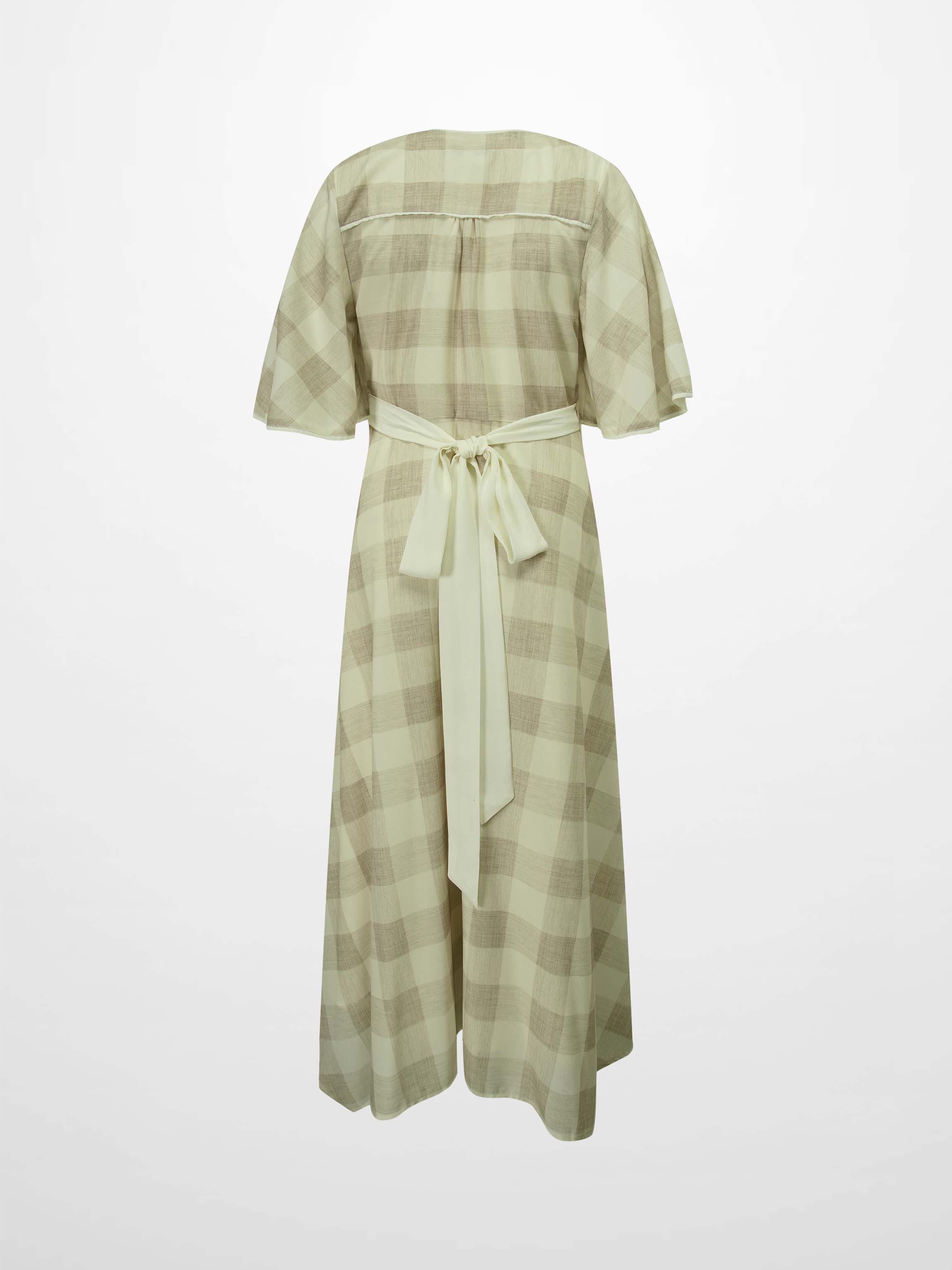 Flutter Sleeve Wrap Dress-Tan Gingham