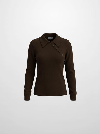 Asymmetrical Button Collar Sweater - Brown