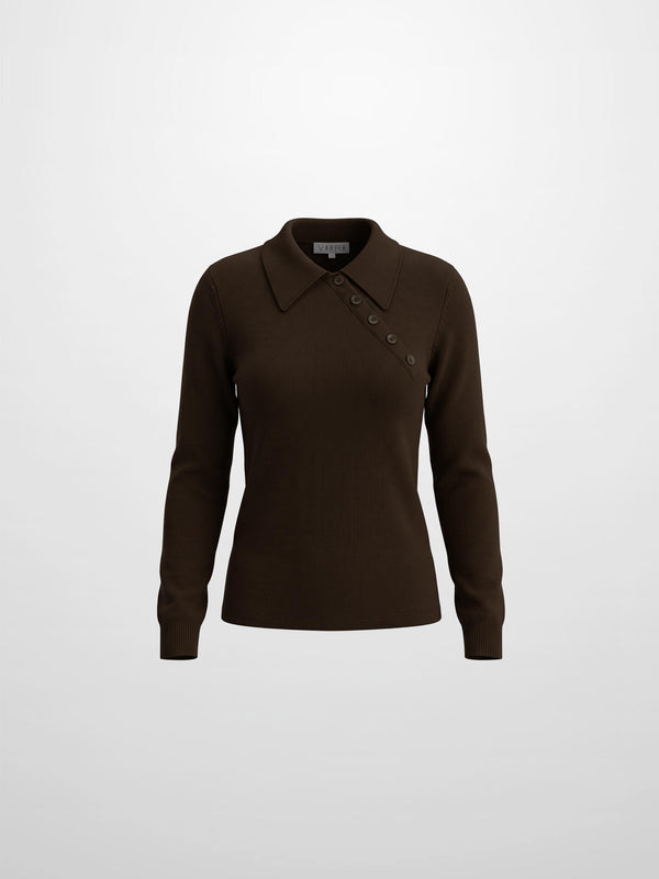 Asymmetrical Button Collar Sweater - Brown