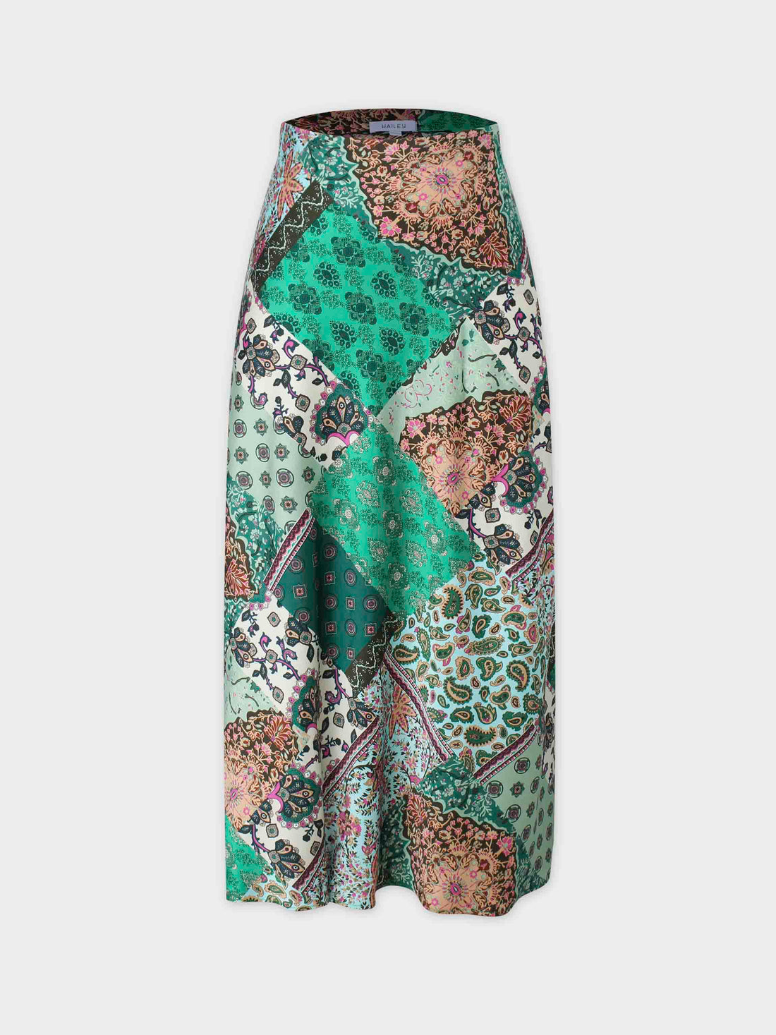 Printed Faux Satin Slip Skirt-Green Bandana