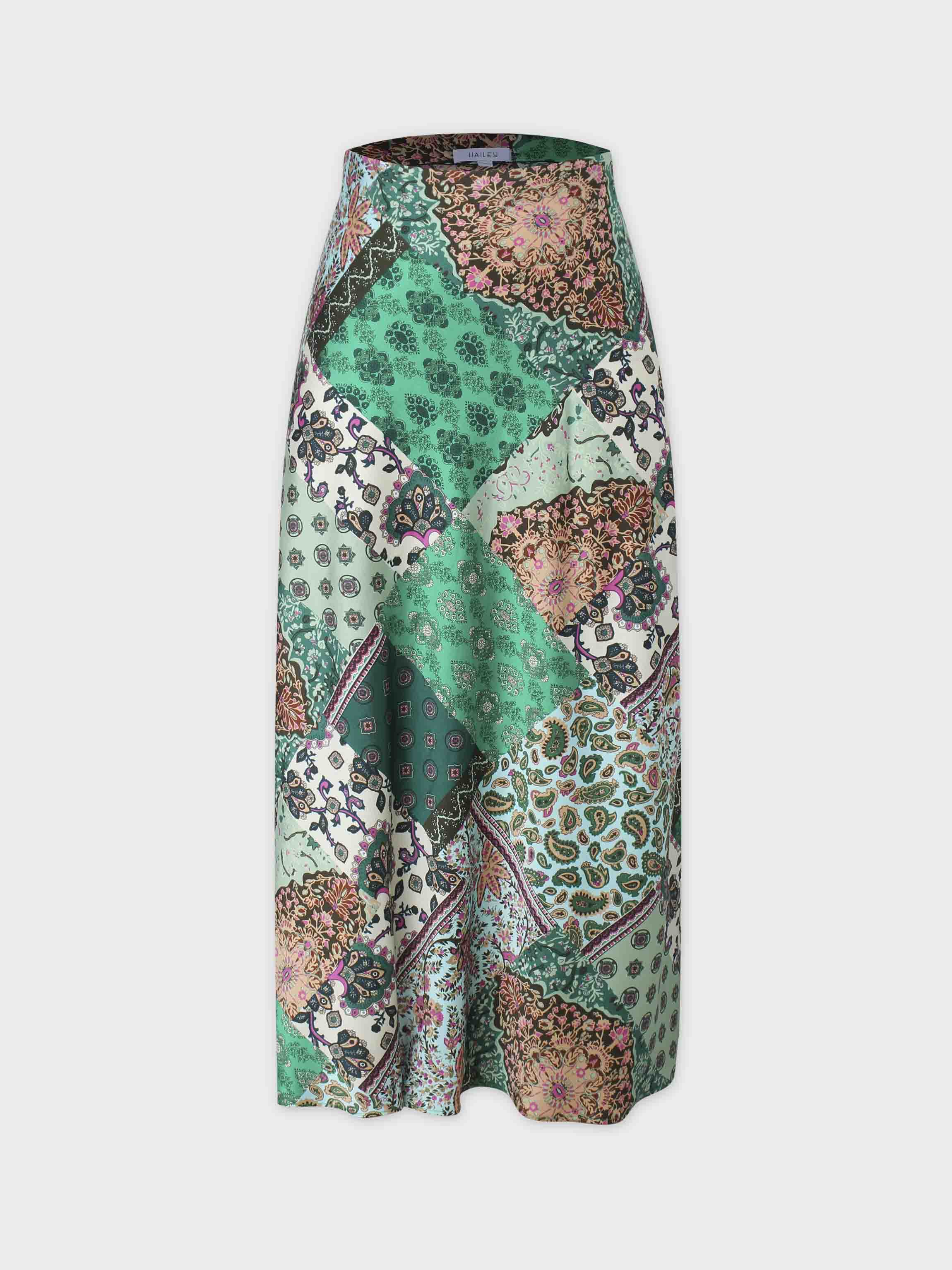 Printed Faux Satin Slip Skirt-Green Bandana