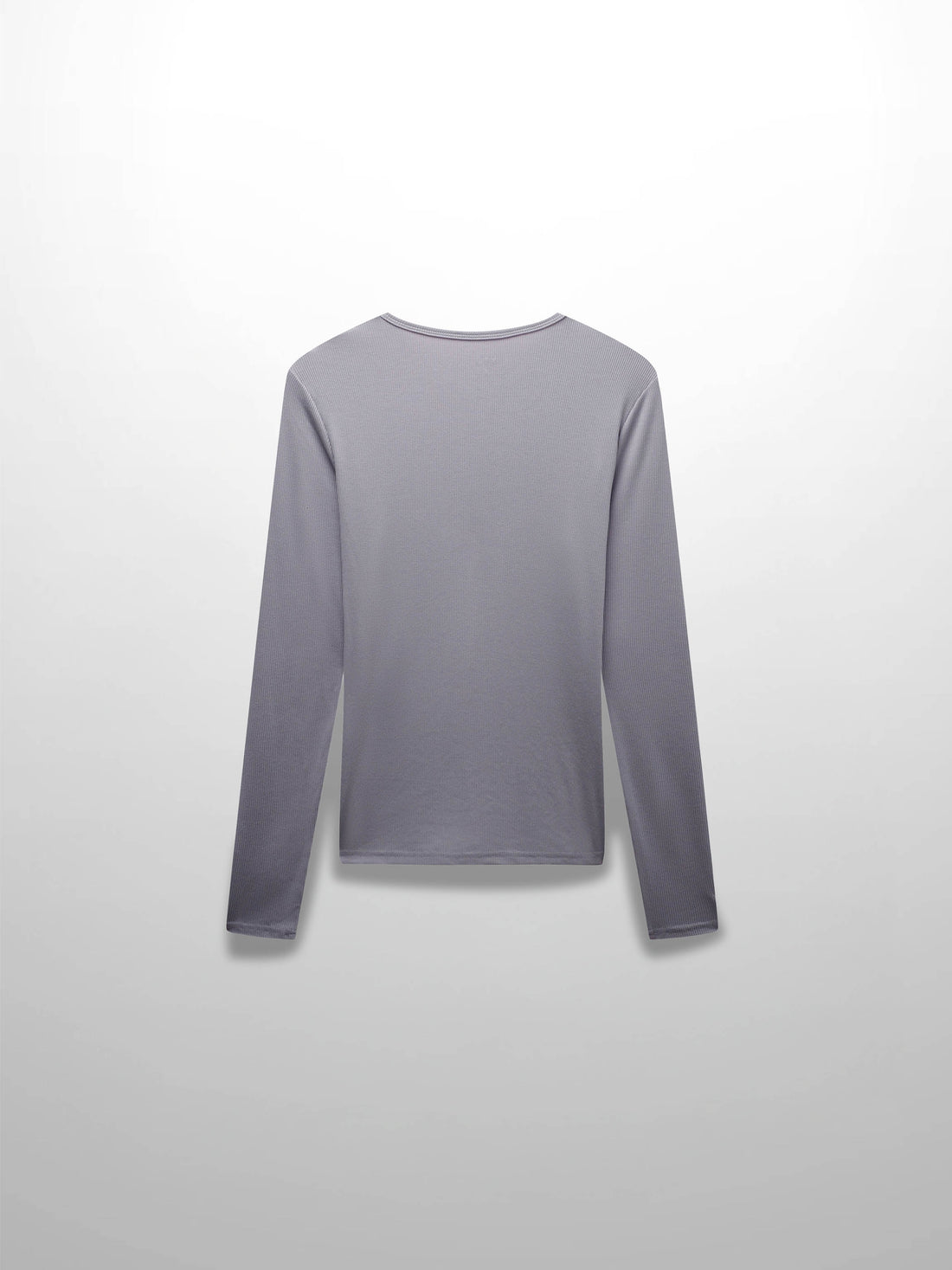 This is the back view of the complete long-sleeved shirt. The purple, ribbed garment is laid out flat against a plain white background.