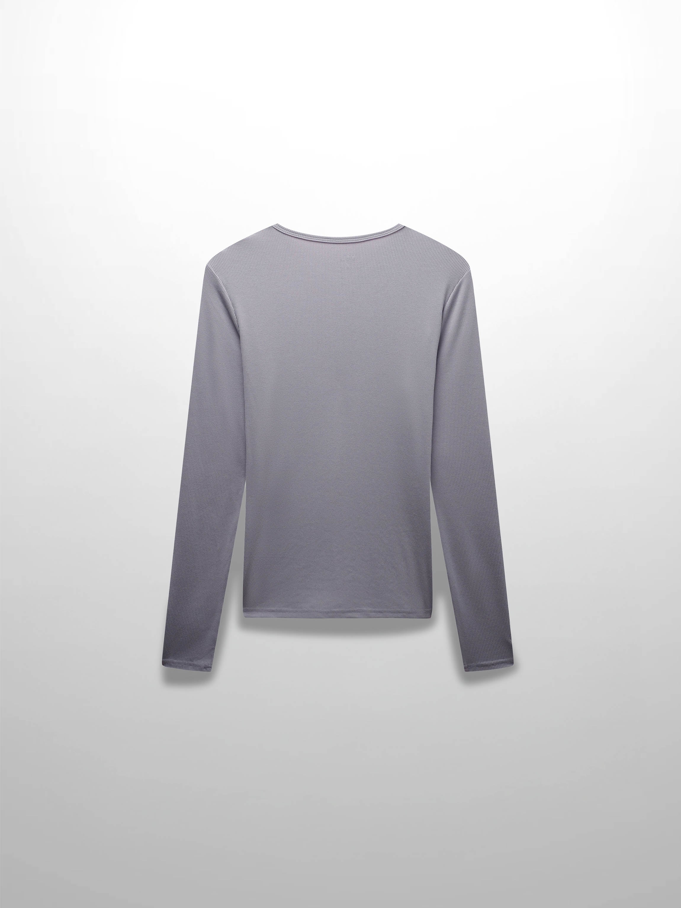 This is the back view of the complete long-sleeved shirt. The purple, ribbed garment is laid out flat against a plain white background.