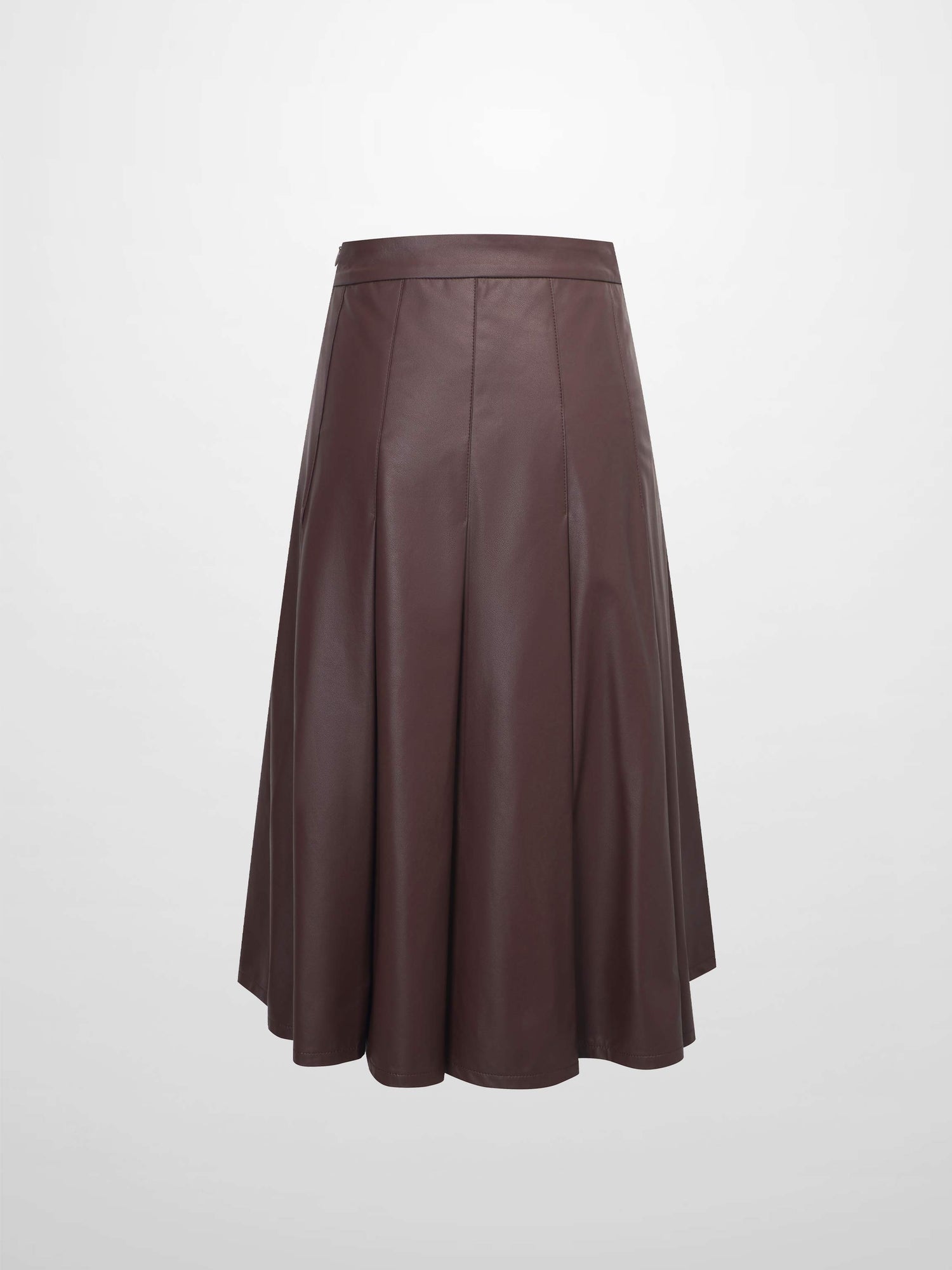 Faux Leather Stitch Down Pleated Skirt-Brown