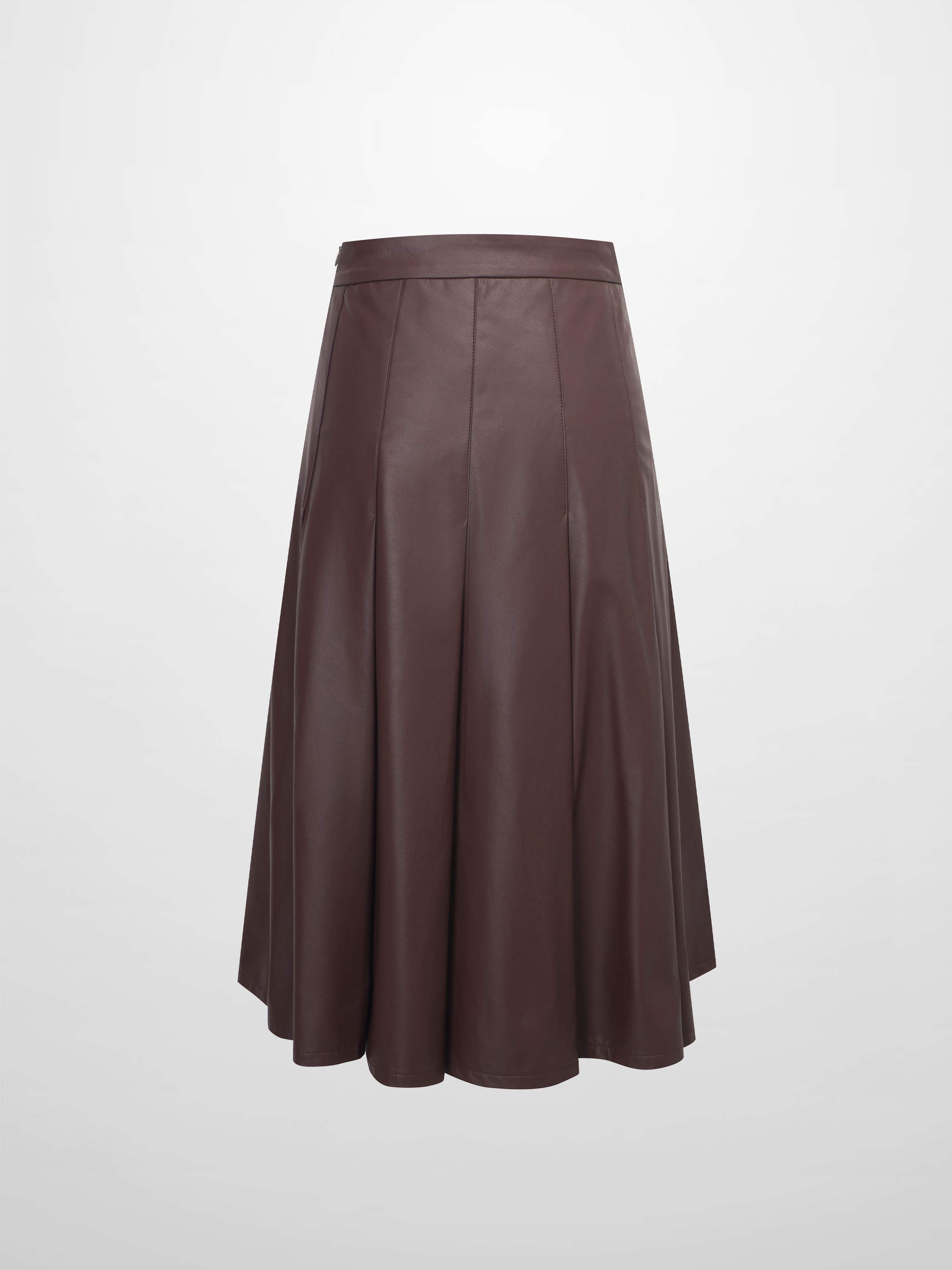 Faux Leather Stitch Down Pleated Skirt-Brown