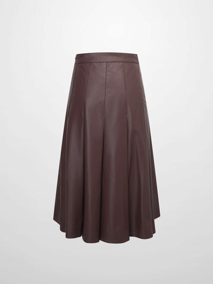 Faux Leather Stitch Down Pleated Skirt-Brown