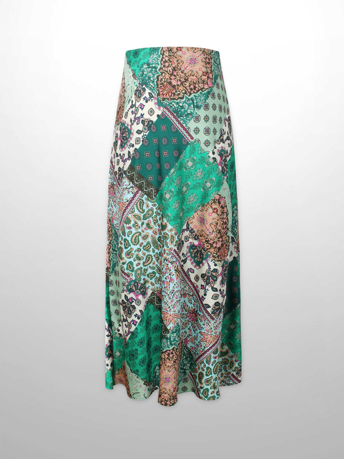 Printed Faux Satin Slip Skirt-Green Bandana