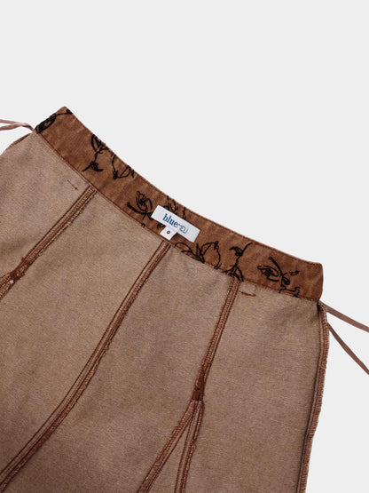 Printed Denim Flare Skirt - Brown/Black Floral