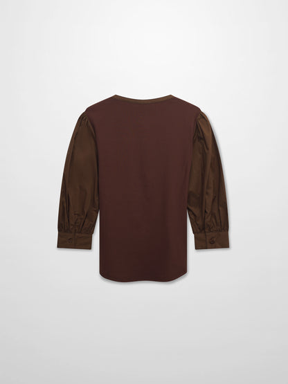 Puff Sleeve Ribbed T-Shirt-Brown
