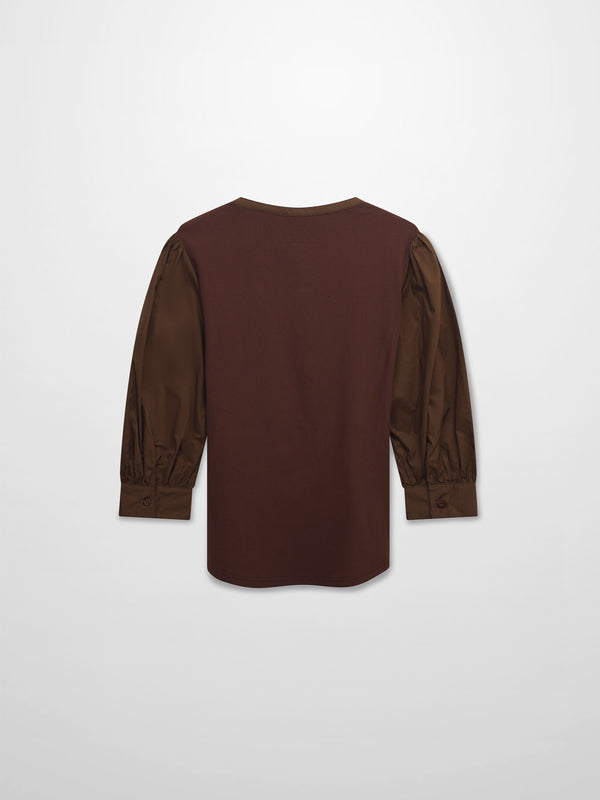 Puff Sleeve Ribbed T-Shirt-Brown