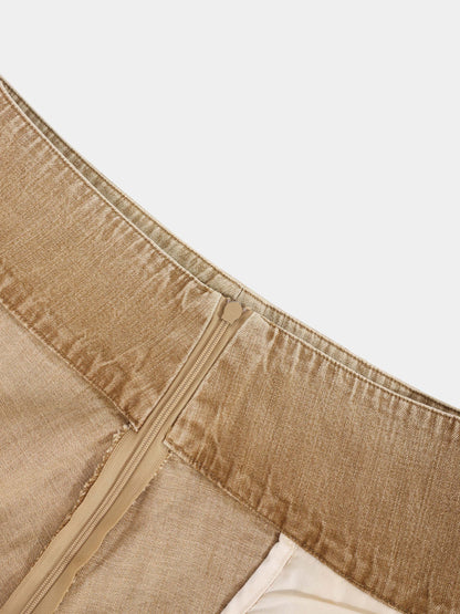 Inverted Yoke Pleat Denim Skirt-Light Tan