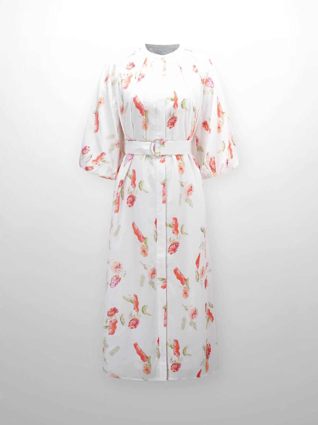 Pleat Neck Belted Dress-Peach Floral