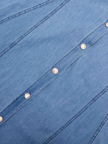 Chambray Seamed Button Down Denim Skirt-Blue