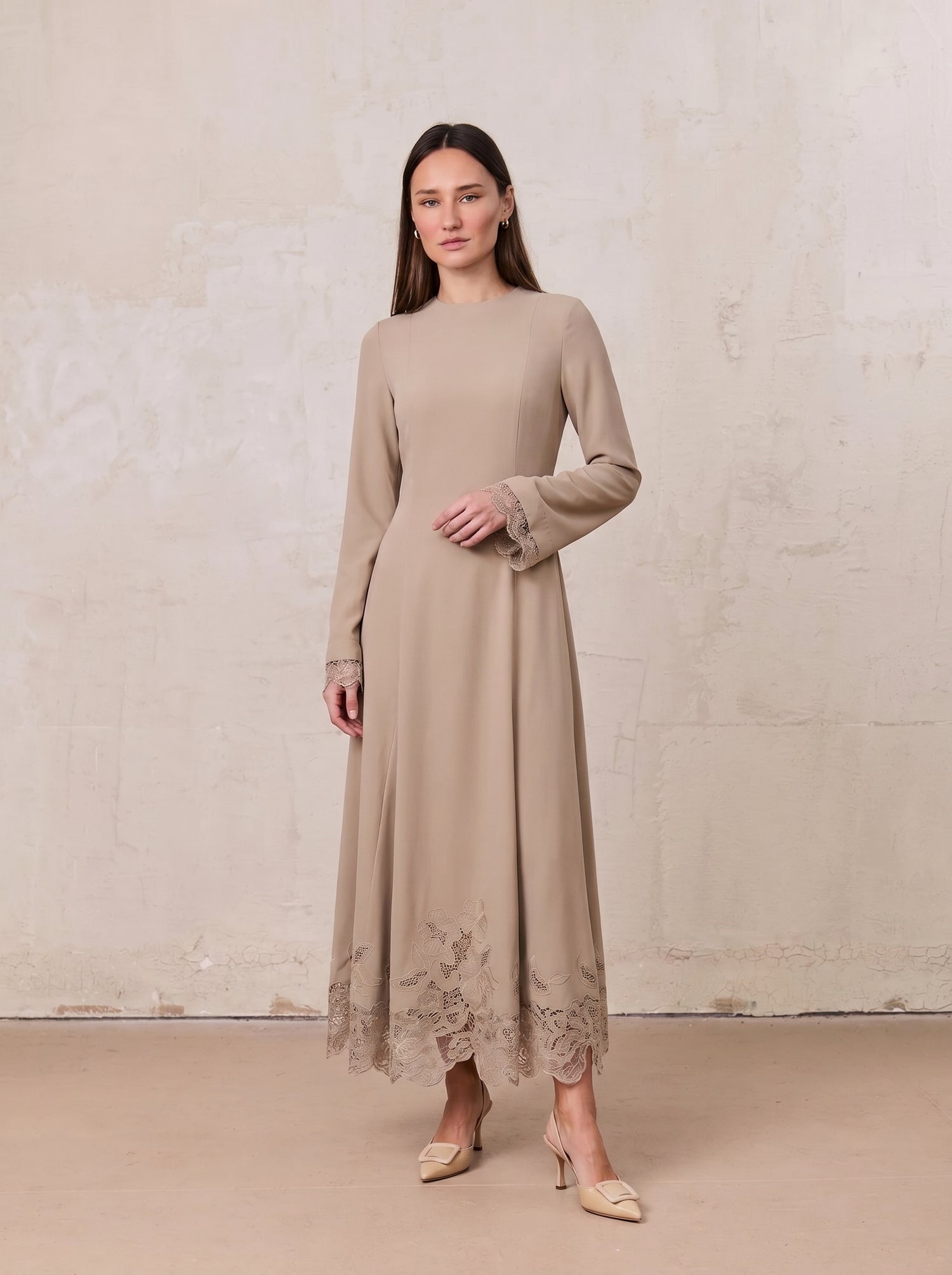 Lace Trim Crepe Dress-Sand