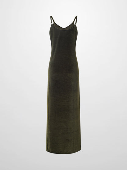V-Neck Velour Slip Dress-Green