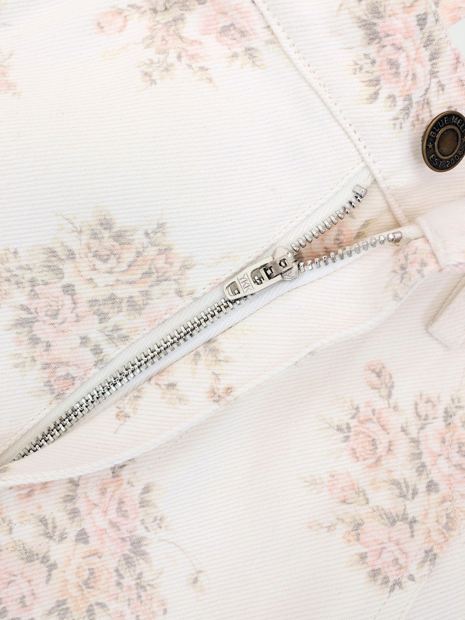 Floral Print Seamed Denim Skirt-White and Pink Floral