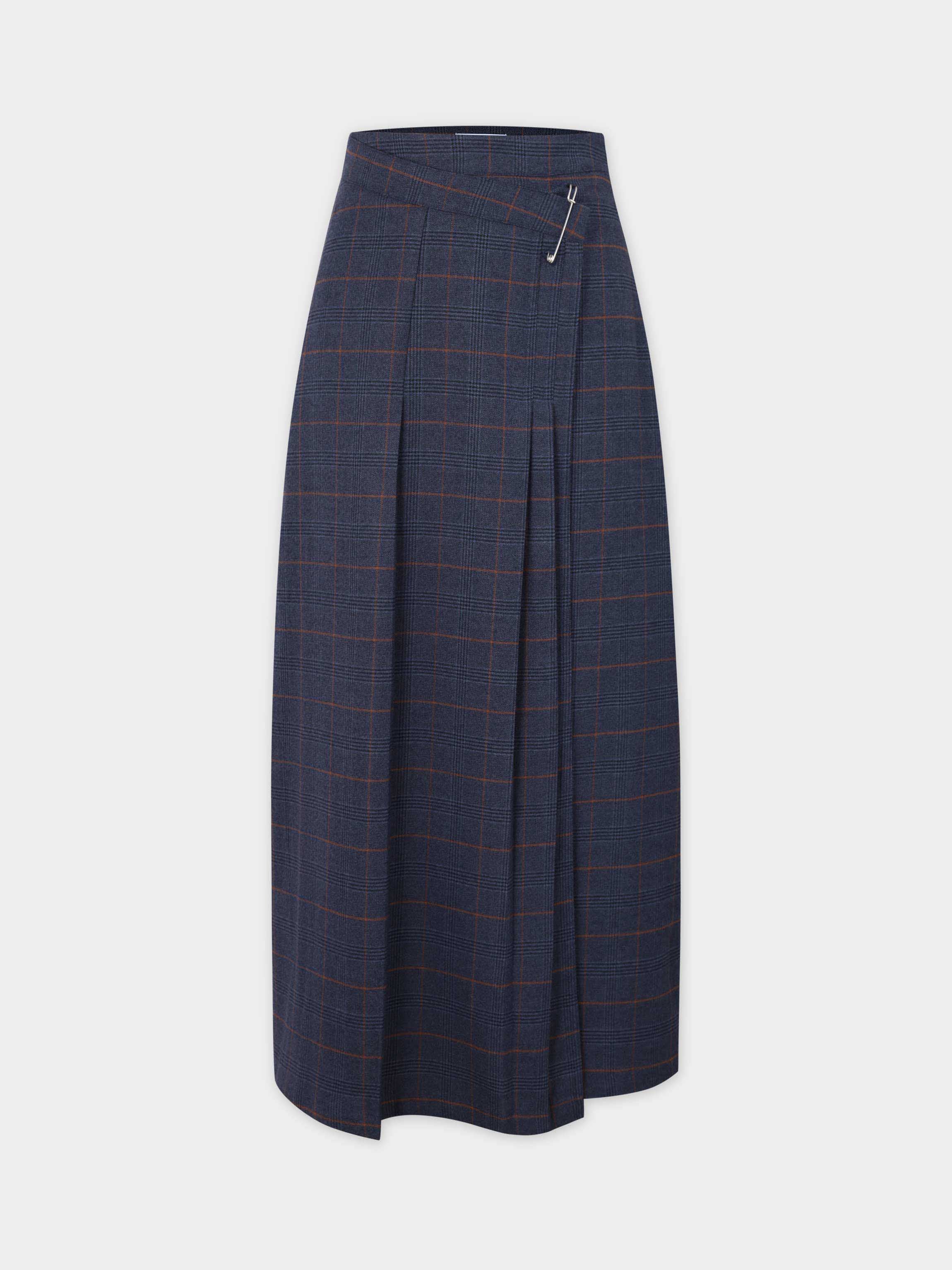 Pin Closure Wrap Skirt-Blue Plaid