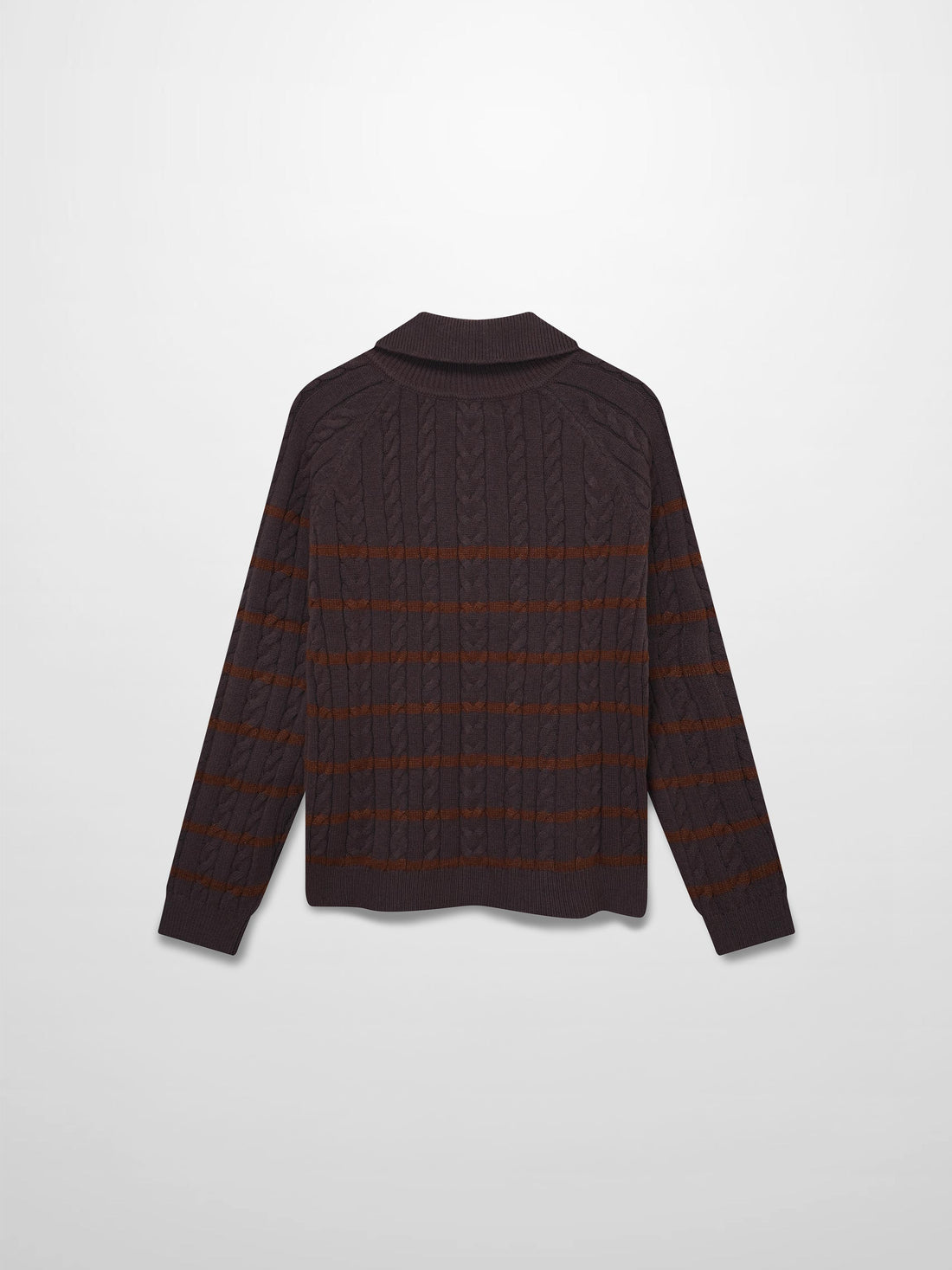Shawl Snap Collar Striped Cable Sweater-Grey/Brown