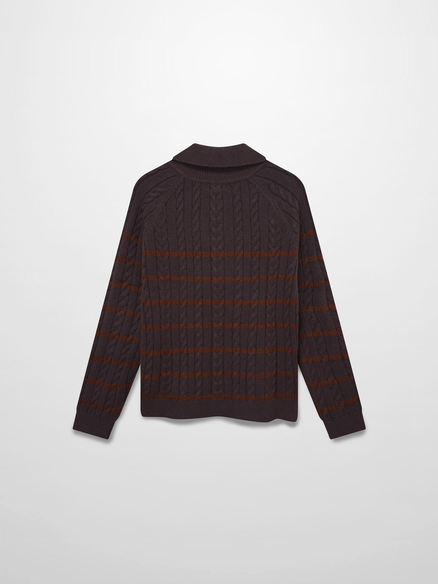 Shawl Snap Collar Striped Cable Sweater-Grey/Brown