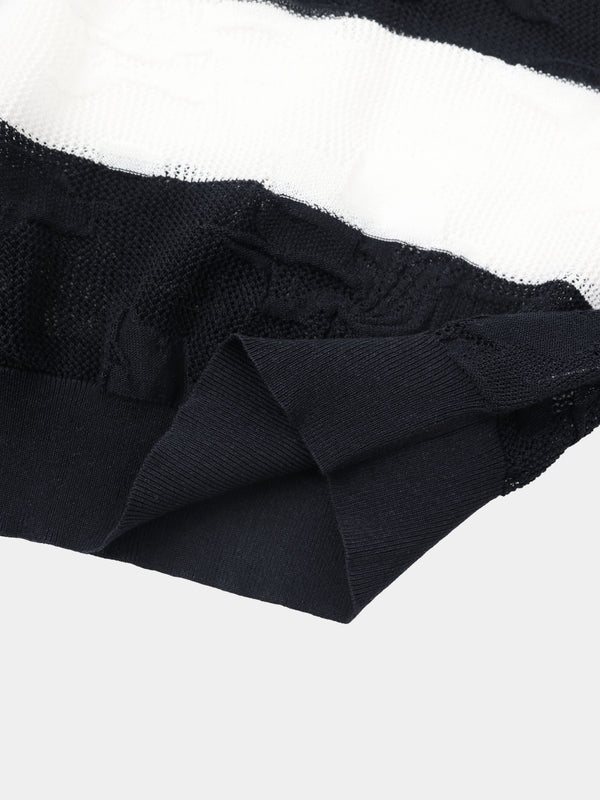 Mesh Floral Polo Top-Black/White Stripe