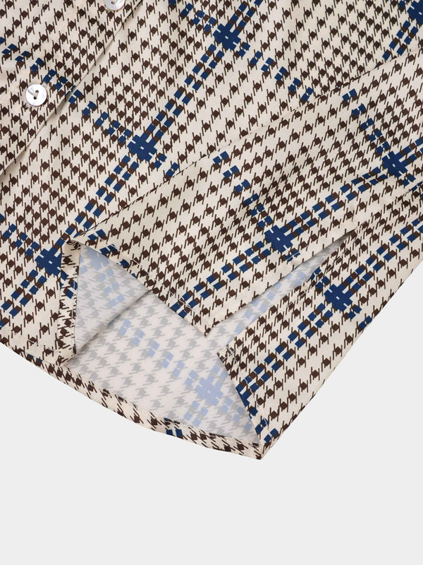 Button Down Faux Satin Blouse-Brown Houndstooth