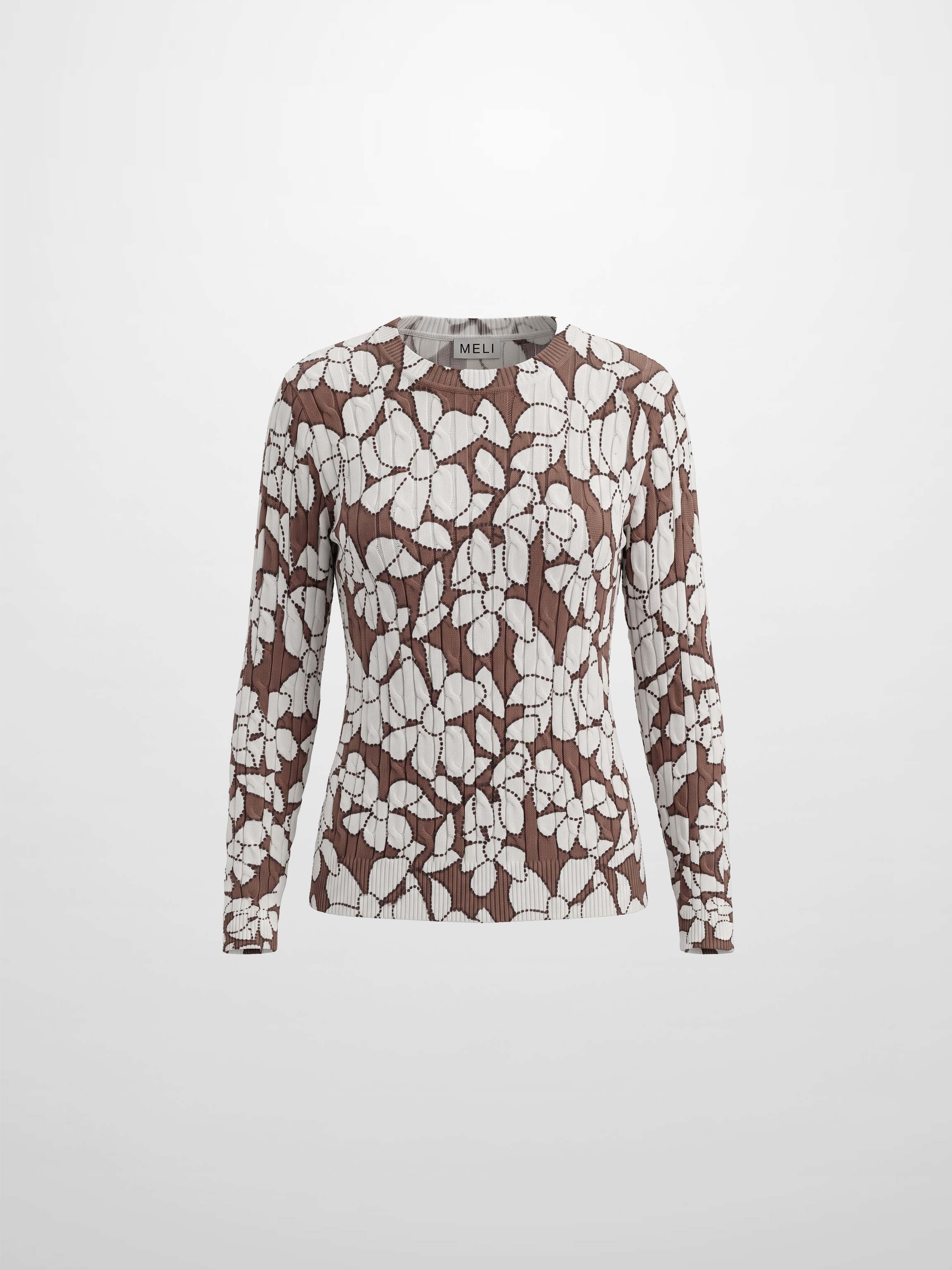 Floral Cable Printed Sweater - Brown Floral