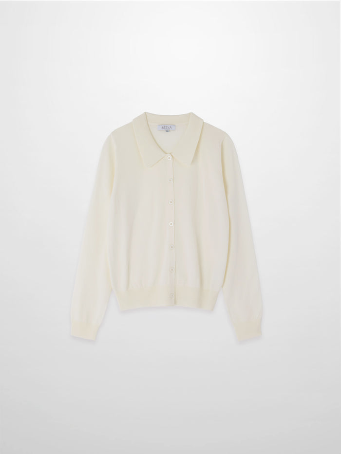 Wool Blend Collared Cardigan-Ivory
