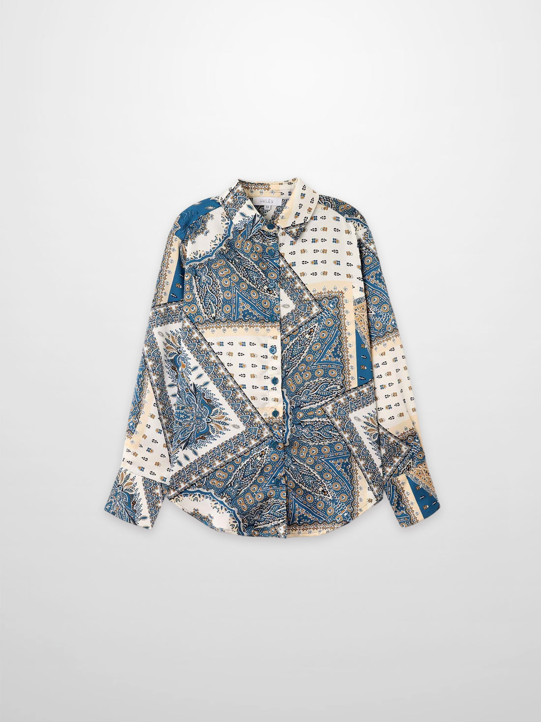 Button Down Collared Blouse-Teal Faux Satin