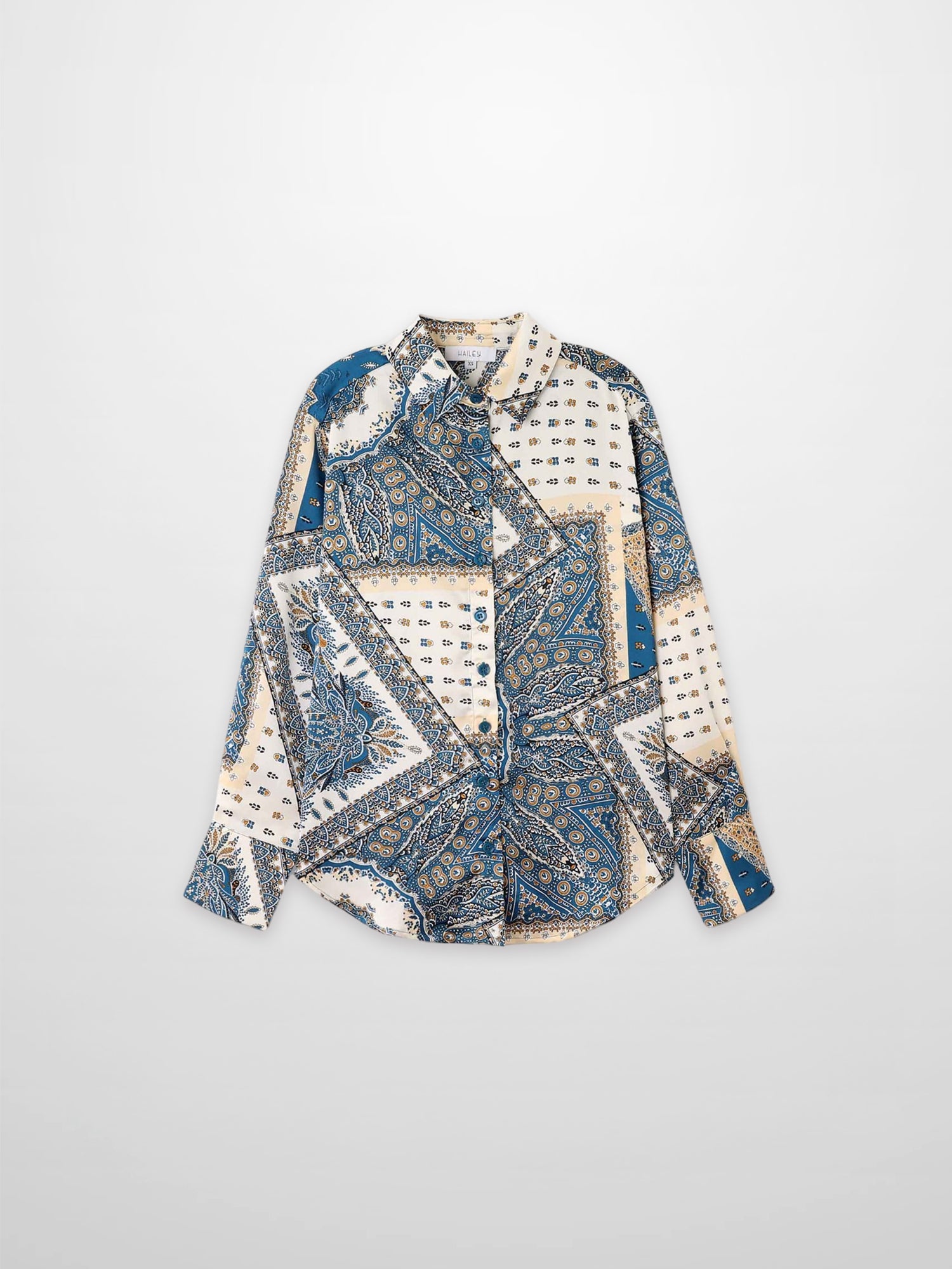 Button Down Collared Blouse-Teal Faux Satin