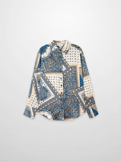 Button Down Collared Blouse-Teal Faux Satin