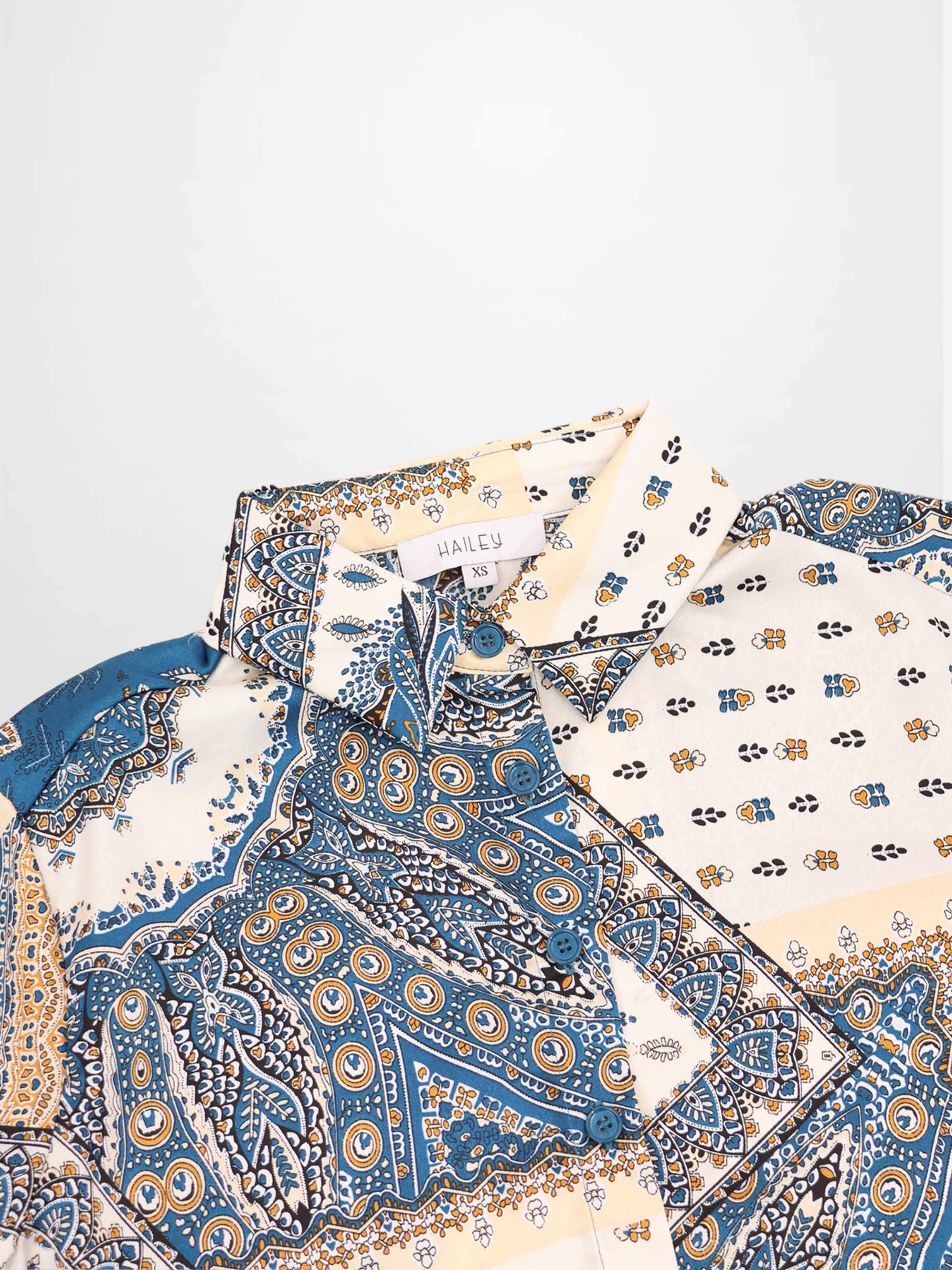 Button Down Collared Blouse-Teal Faux Satin