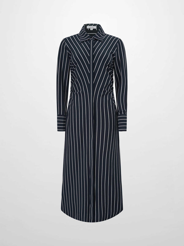Side Shirred T-shirt Dress-Navy/White