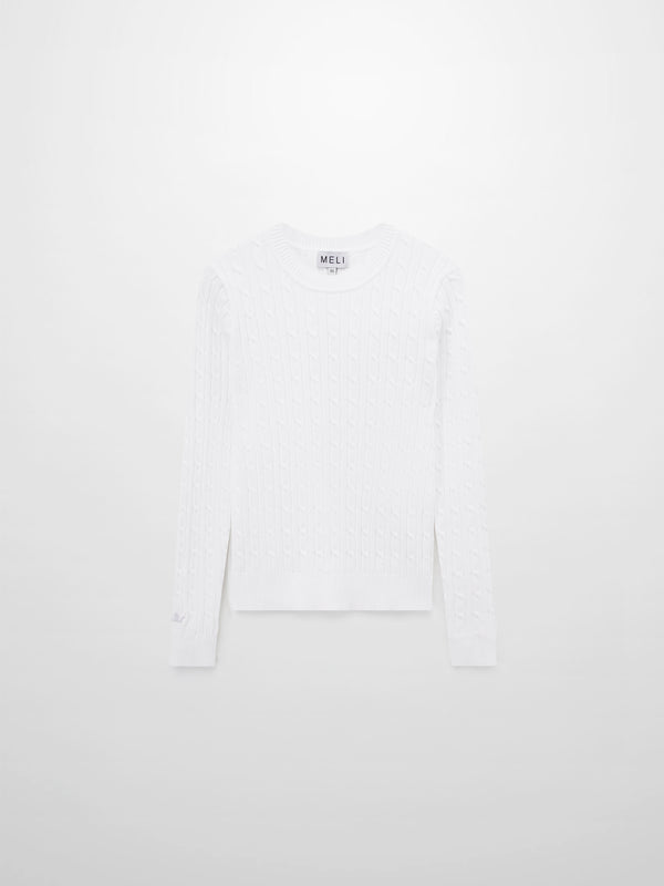 Crew Neck Cable Sweater-White