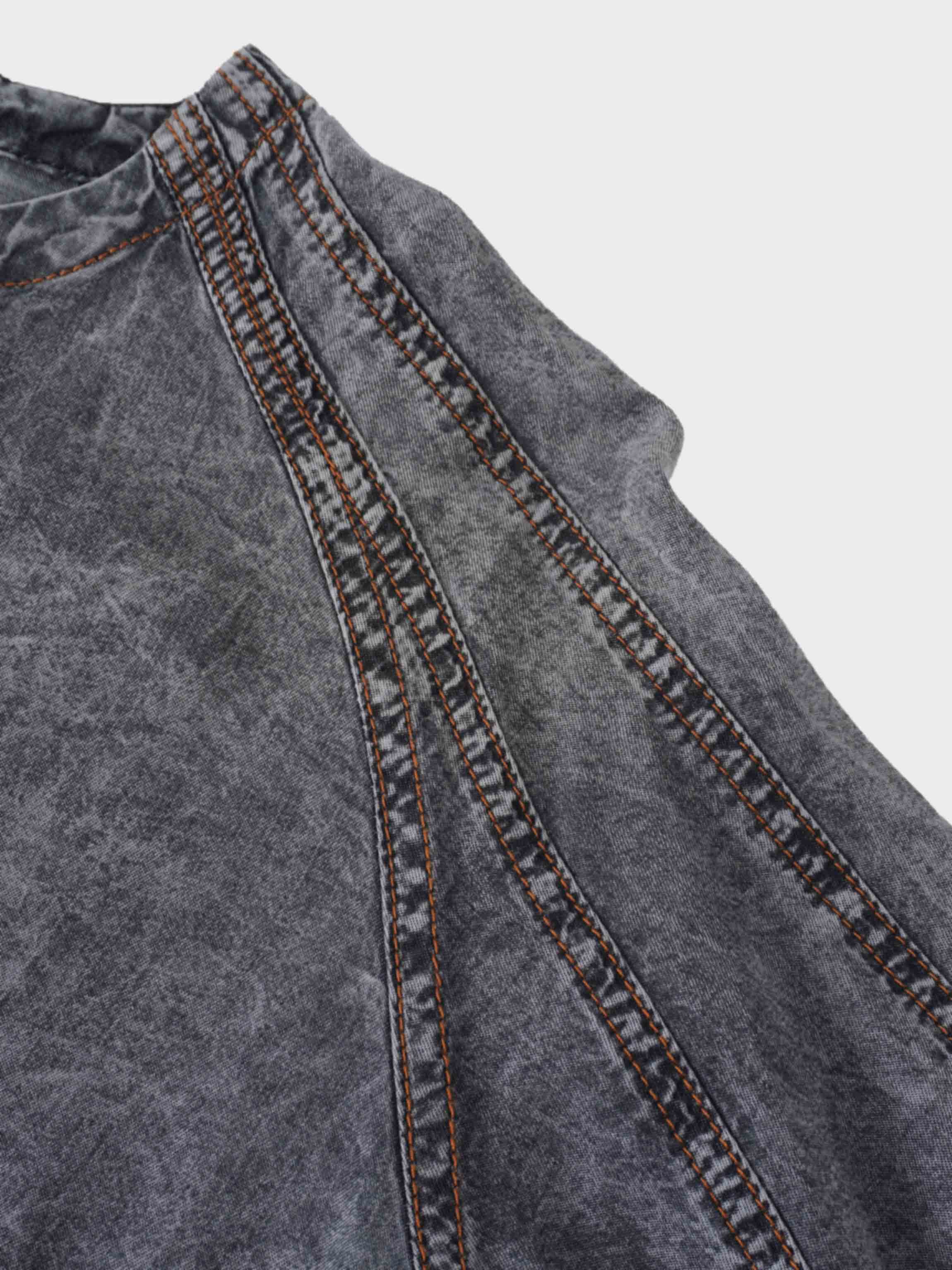 Puff Sleeve Washed Denim Blouse-Black