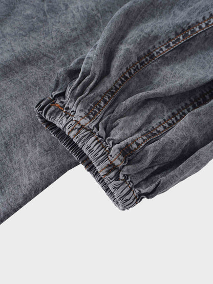 Puff Sleeve Washed Denim Blouse-Black