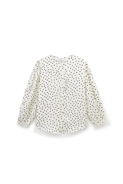 Puff Sleeve Button Down Blouse-Faux Satin Polka Dots
