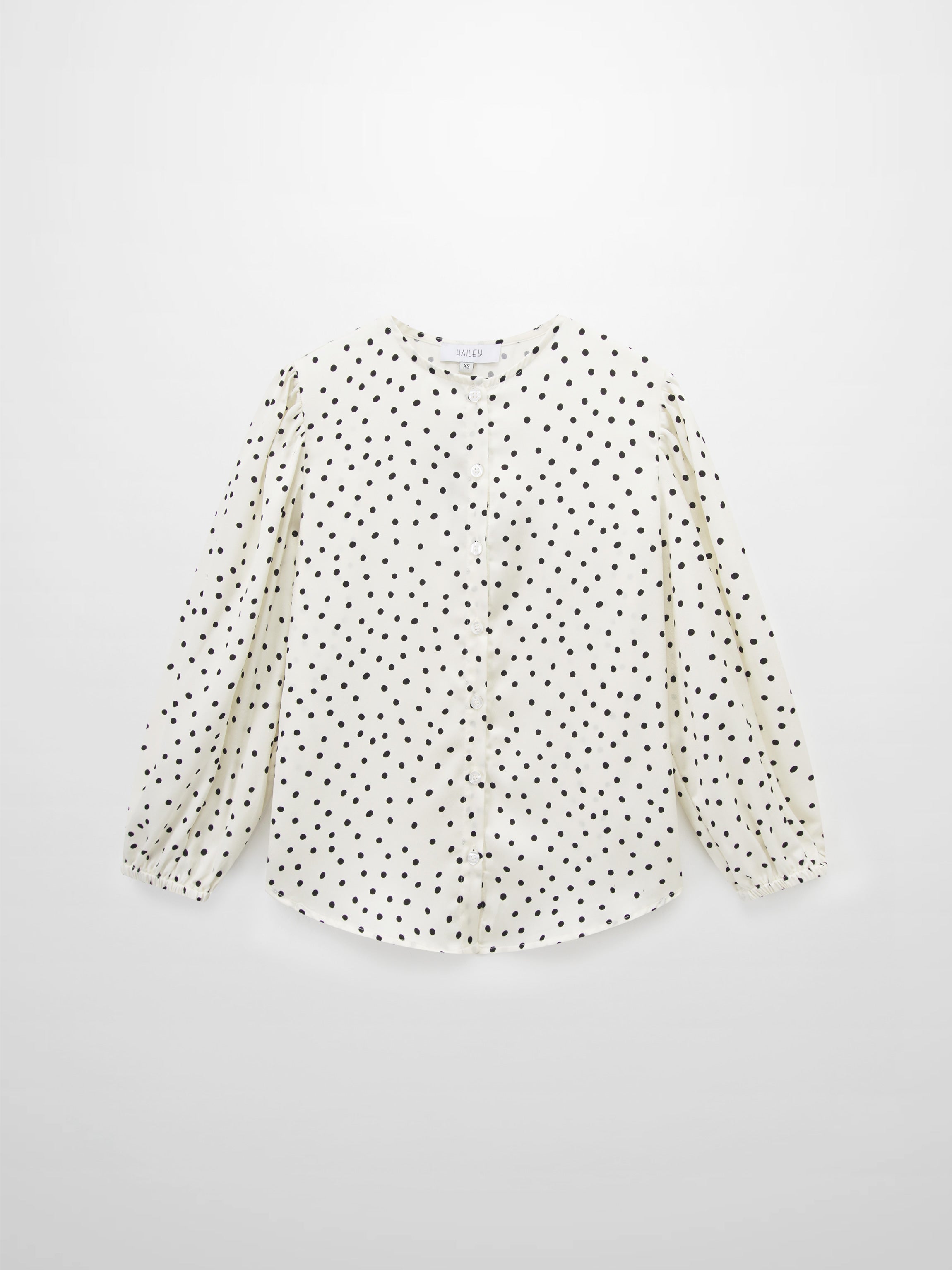 Puff Sleeve Button Down Blouse-Faux Satin Polka Dots