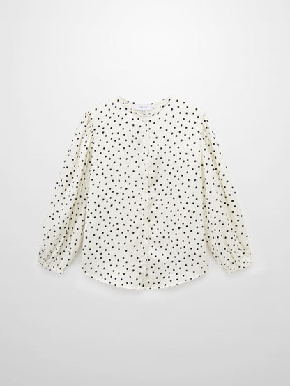 Puff Sleeve Button Down Blouse-Faux Satin Polka Dots
