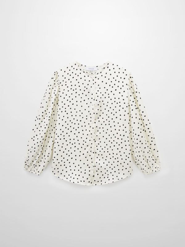 Puff Sleeve Button Down Blouse-Faux Satin Polka Dots