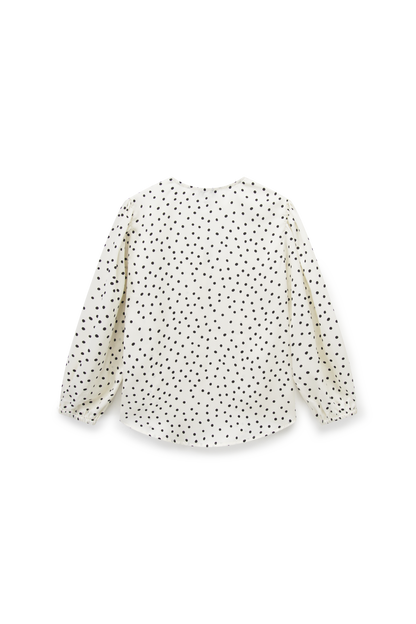 Puff Sleeve Button Down Blouse-Faux Satin Polka Dots